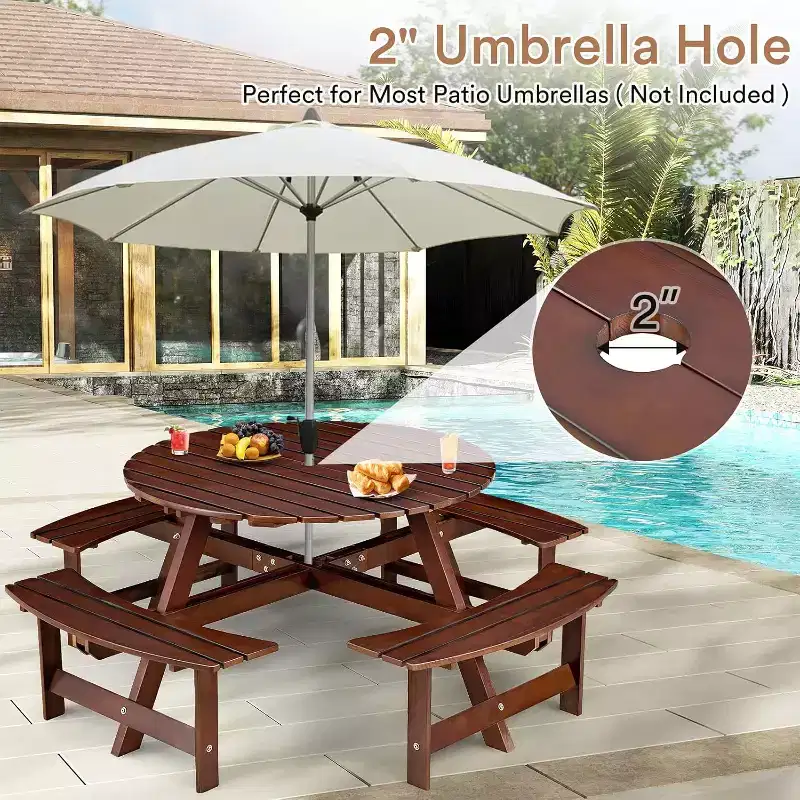 Zevemomo 8 Person Wood Picnic Table,Round Tabletop with Umbrella Hole,4 Built-in Curved Benches,2220LBS Total Capacity for Patios,Backyard,Dark Brown
