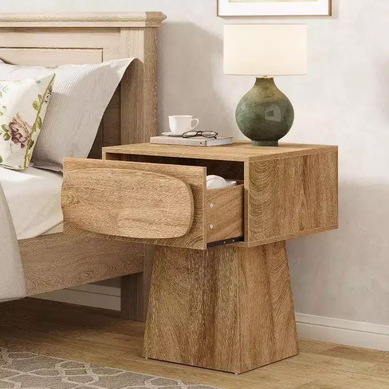 Nightstand with Drawer Storage, Mid Century Modern Bedside Table for Bedroom and Hallway, Natural Wood Grain Print, 21.6 Inch Small Dresser