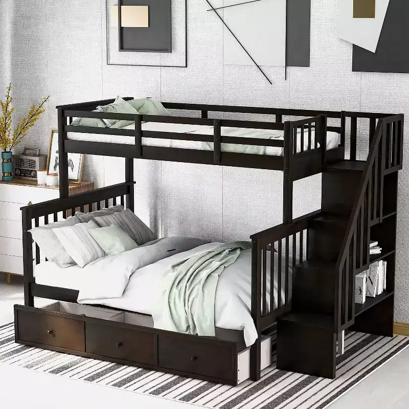 Stairway Twin-Over-Full Bunk Bed with Drawer, Storage and Guard Rail for Bedroom, Dorm, for Adults, White color