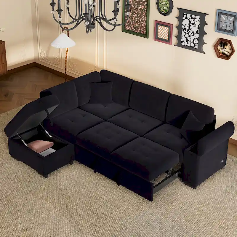 84.75  L-Shape 5 Seat Sectional Sofa with Pull-Out Bed, Storage Ottoman, Hidden Arm Storage & USB Charging