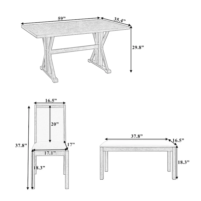 Farmhouse Style 6-Piece Dining Table Set with 4 Upholstered Dining Chairs and Bench