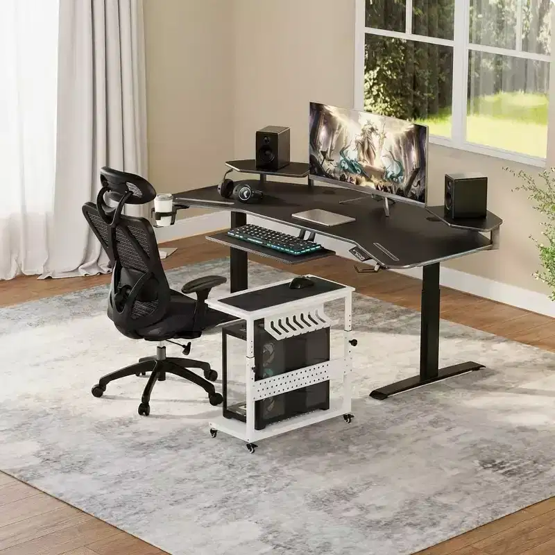 Adjustable 2-Tier Computer Tower Cart with Wheels, Mobile CPU Stand with Cable Management and Hooks, Compact Side Table for Gaming or Home Office