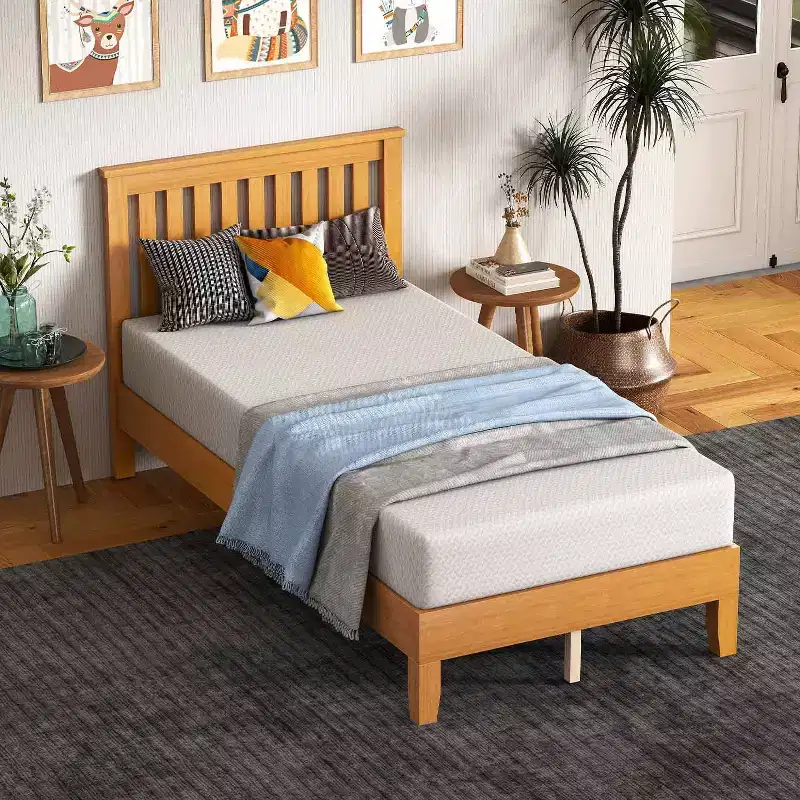 Solid Wood Bed Frame with 14 Wood Slats, No Box Spring Needed, with Headboard