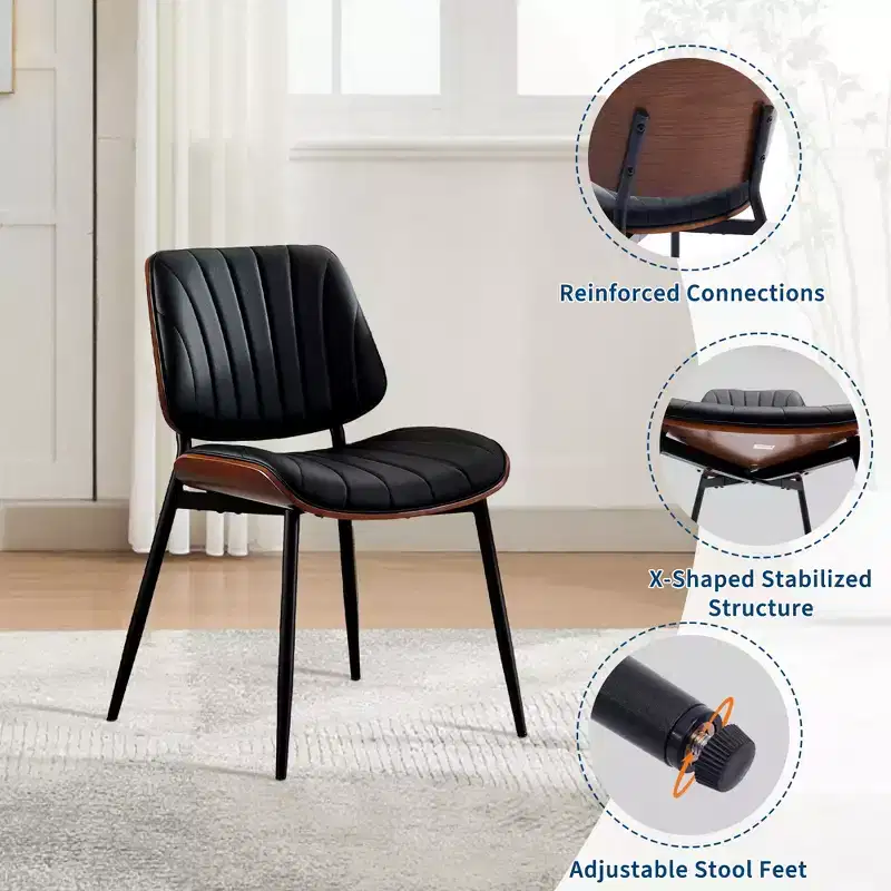 Dining Chairs Set of 2, PU Leather Upholstered Accent Chairs, Bentwood Back and Metal Legs, Shell Strips, for Home