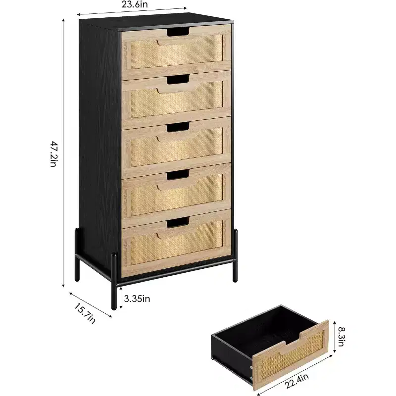 COZONY Natural Rattan 5-Drawer Dresser, Modern Farmhouse Wooden Chest with Solid Metal Legs, Bedroom, Entryway & Living Room Storage Cabinet