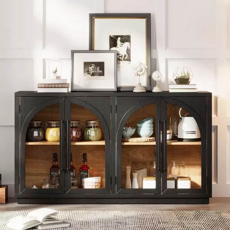 JVNOXK 60-inch Four-Door High-Capacity Storage Sideboard Arched cabinet design with adjustable shelves Ideal for kitchens ,Black