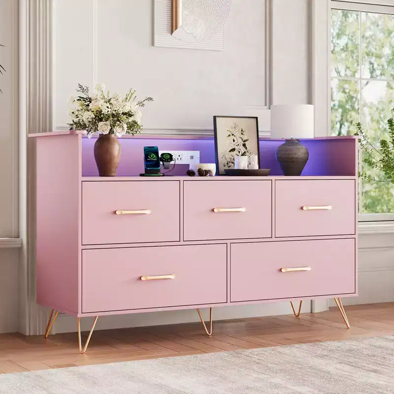 5 Drawer Dresser for Bedroom, Modern Dresser with Led Lights & Charging Station, Compact Wood Chest of Drawers Clothes Storage Organizer