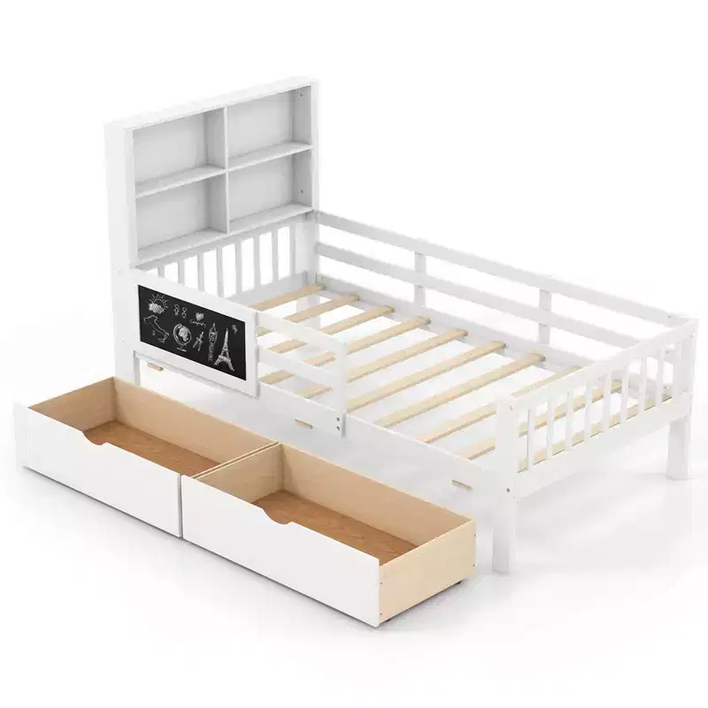 Twin/Full Size Bed Frame with 2 Drawers Bookcase & Blackboard Full-length Guardrails