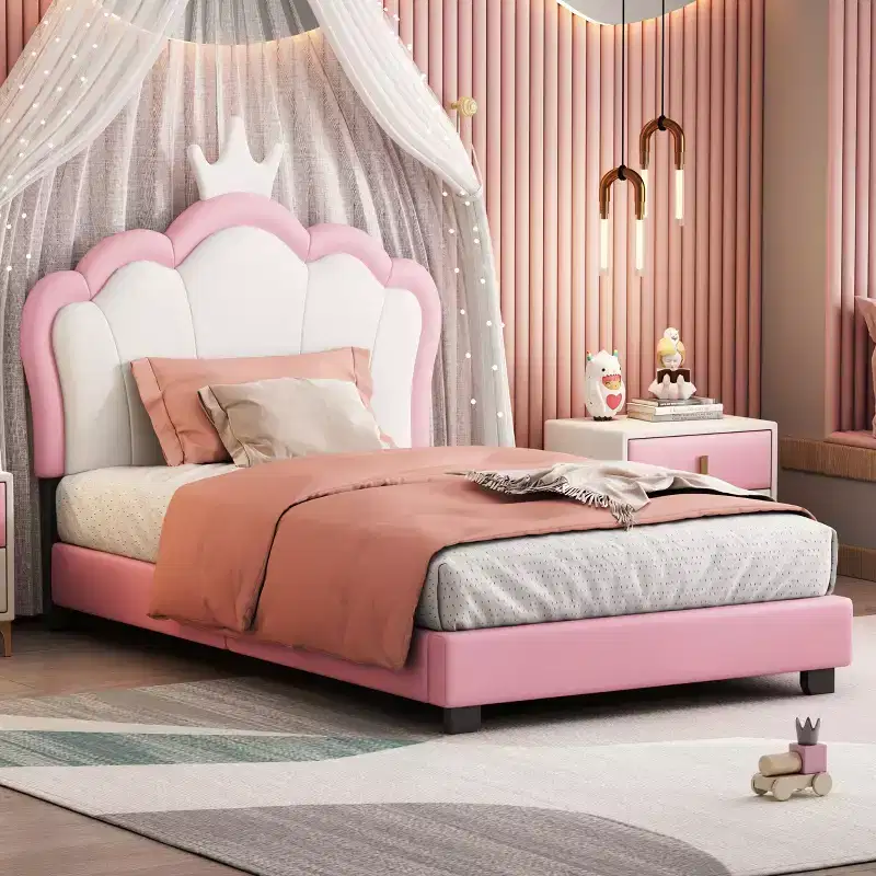 Twin/Full Princess Bed with Crown Headboard, PU Leather Pink Platform Bed Frame for Kids Bedroom