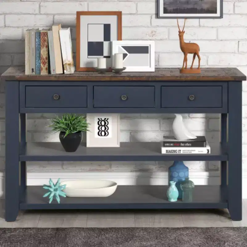 Robust Pine Wood Console Table, Contemporary Entry & Sofa-End Table with Three Drawers and Two Shelves, Simple Assembly