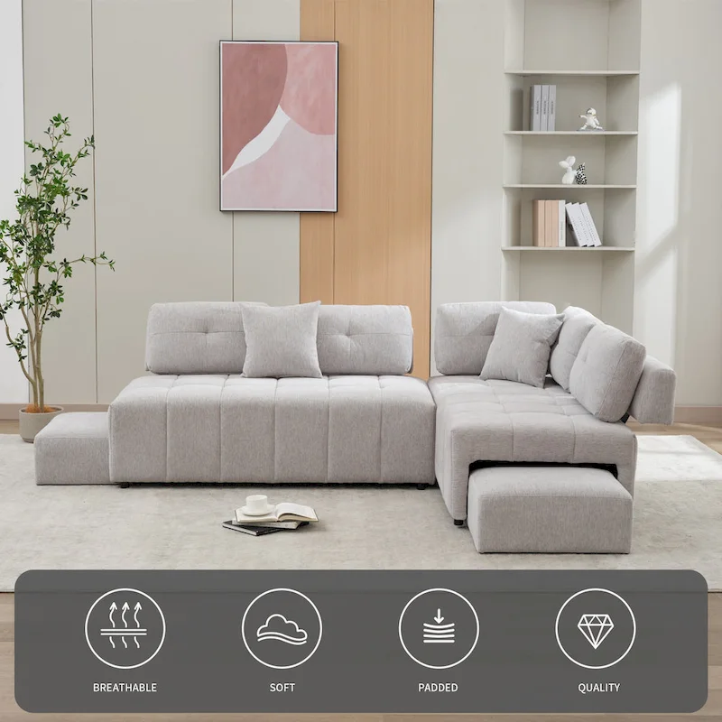 91.73 L-Shaped 4-Seat Sectional Sofa with 2 Hidden Stools, 2 Removable Lumbar Cushions, and Durable Chenille Fabric