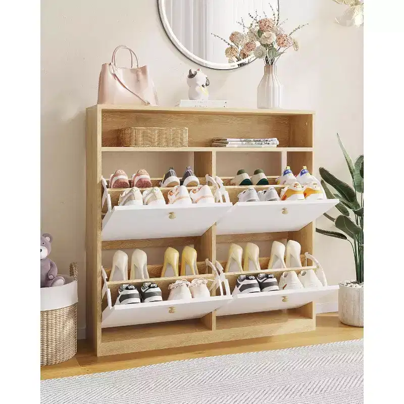 Garvee Narrow Shoe Cabinet with 4 Flip Drawers and Open Shelf, Wooden Freestanding Shoes Organizer with Shelves for Slippers, Sneakers, Heels, Boots