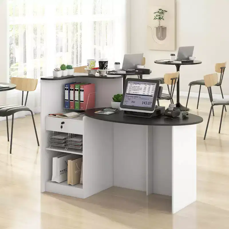 Costway Reception Desk with Lockable Drawer & Adjustable Shelf Oval Tabletop for Store White/Black