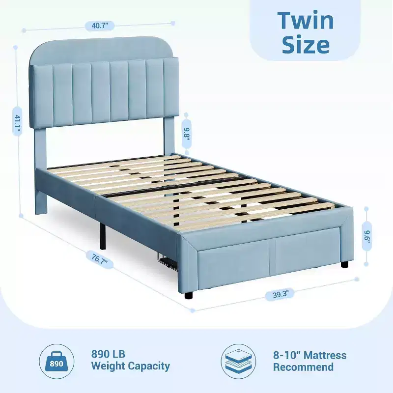 Twin Bed Frame for Kids, Upholstered Platform Bed with Large Storage Drawer and Bookcase Headboard, Noise-Free Easy Assembly Girls Boys Bed