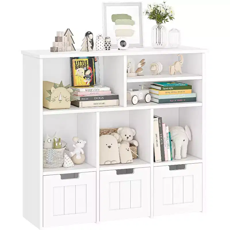 GustoWave Kids Bookshelf Toy Storage Cabinet with 3 Movable Drawers and 6 Storage Cubbies for Bedroom, Playroom, Nursery, White