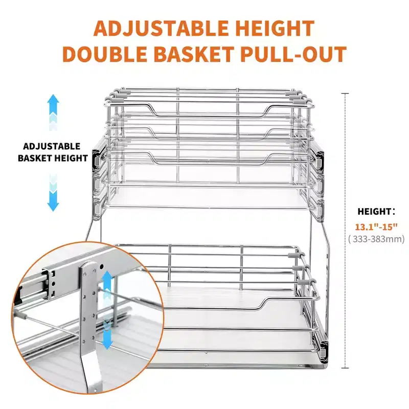 Kitchen Cabinet Pull-Out Basket, Metal Slide Out Drawer with Double Layer Slide Rail, Smooth Sliding Organizer for Pots Pans Spices