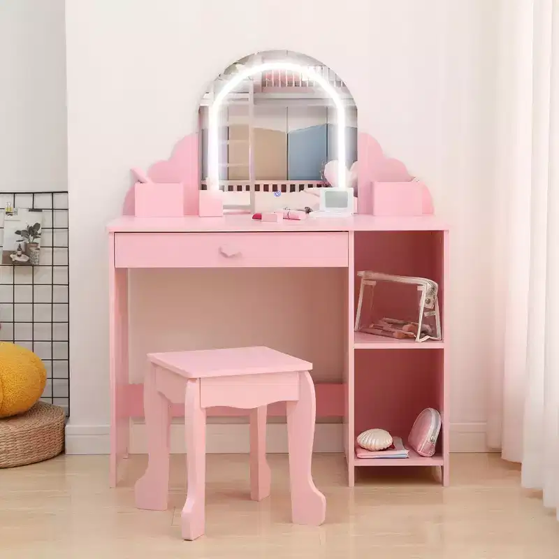 Kids Vanity with Lighted Mirror & Stool, 2 In 1 Makeup Vanity with Storage Drawer & Shelves for Girls 3-9
