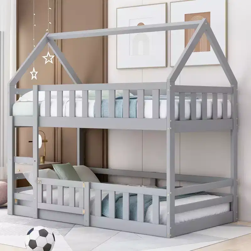 Whisen Wood Twin over Twin House-Shaped Bunk Bed with Fence with Door and Ladder