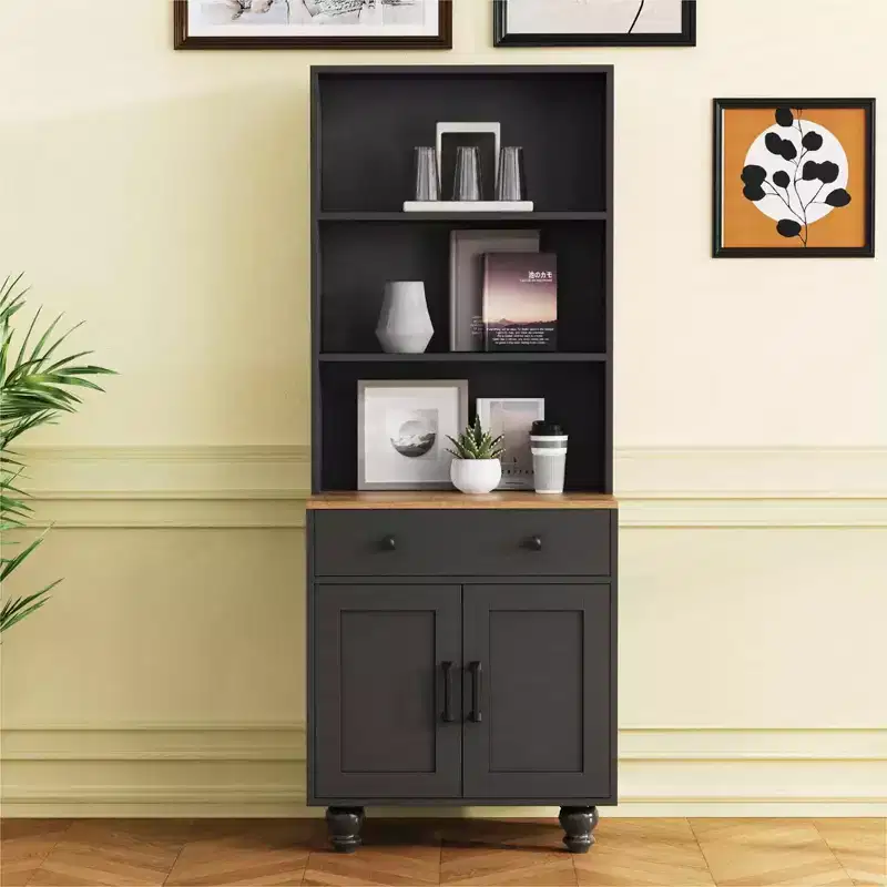 MAYEERTY White Farmhouse Storage Cabinet 4 Solid Wood Gourd Legs 5 Tier Adjustable Shelves Drawer