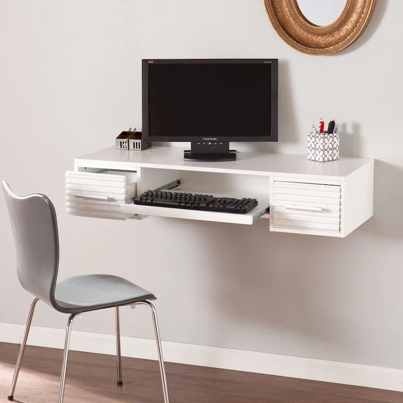 Modern White 2-drawer Floating Wall-mount Desk