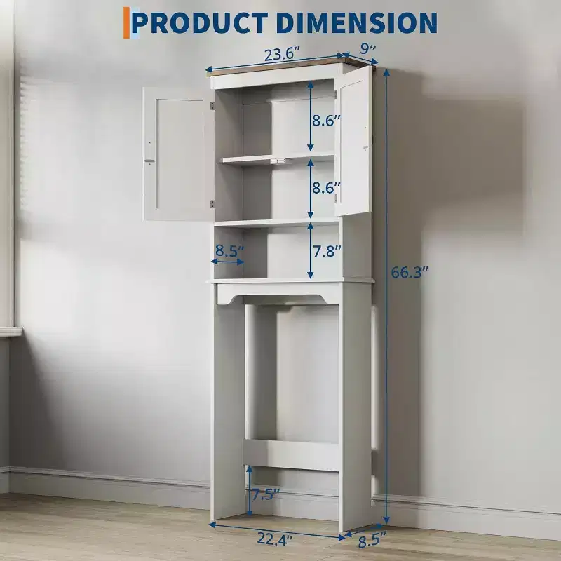 Acekool 23.6 x 8.5 x 66.3 Inch Over-the-Toilet Storage Cabinet, Bathroom Organizer with Double Doors, Adjustable Shelf & Open Shelf, Engineered Wood