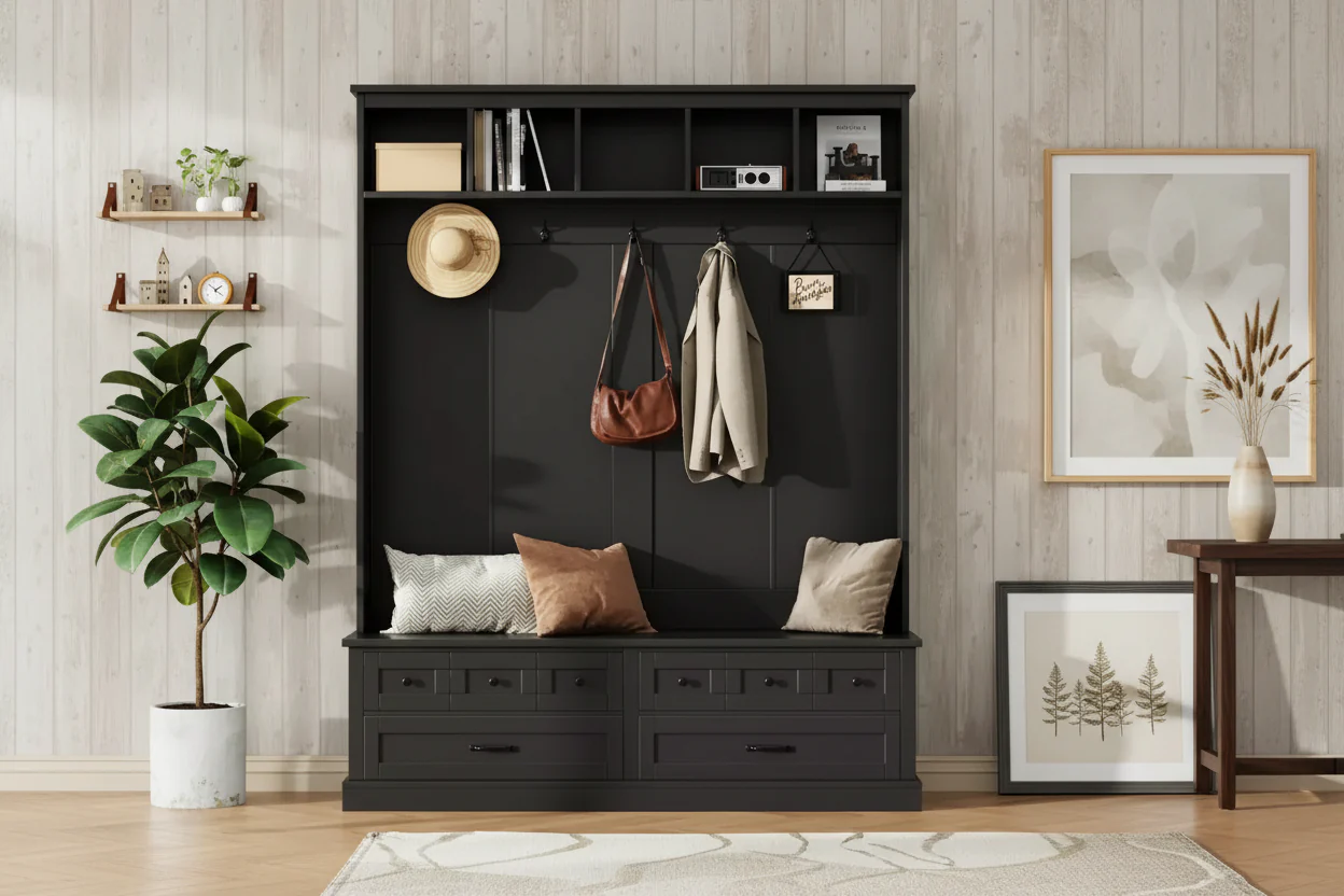 Hall Tree with 5 Hooks, Lift-Top Storage Bench and 2 Drawers, Black