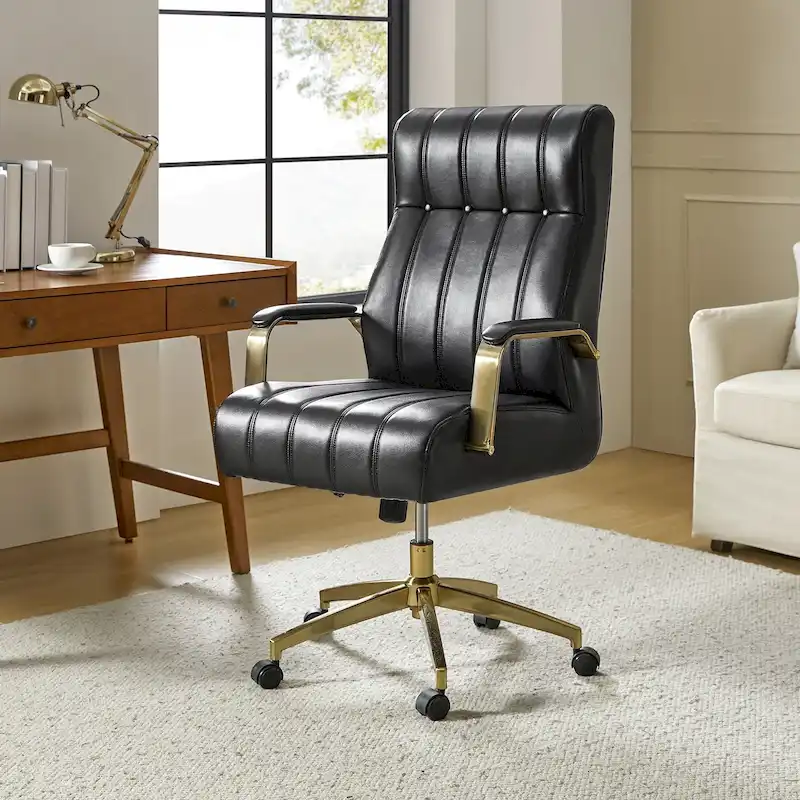 Mid-Century Modern Vegan Leather Swivel Tilting Office Chair with Channel Tufted and Metal Feet