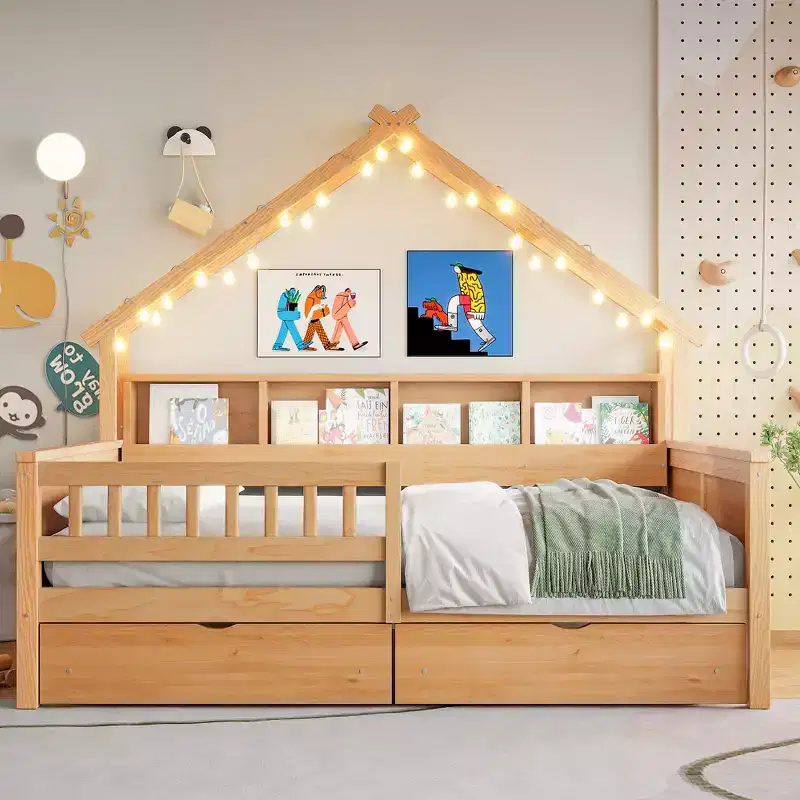 Full Size House Bed Frame with Drawers, House Platform Bed with LED Lights, Storage Shelves & Drawers, Wood Daybed with Roof and Guardrail