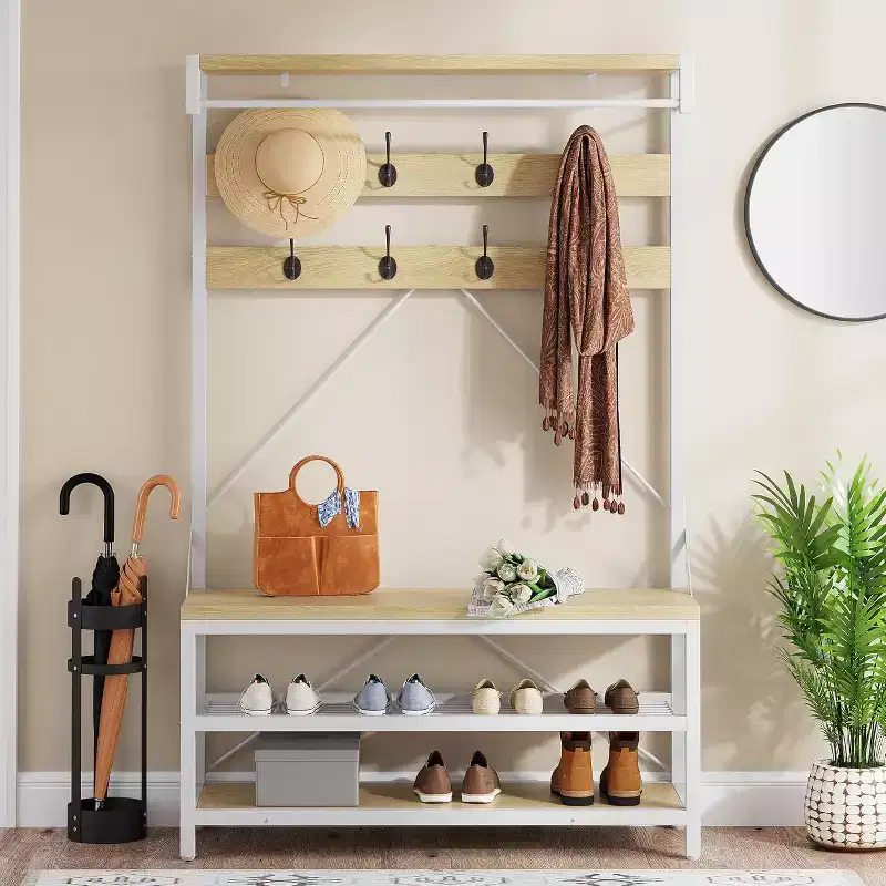 72 Coat Rack Shoe Bench, Industrial Hall Tree Storage Bench for Entryway, Wood Look Accent Large Shoe Rack with Storage Shelf Hanging Bar and 8 Hooks