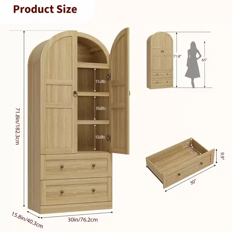 Kitchen Pantry, 72 High Arched Kitchen Pantry Cabinet, Wooden Multipurpose Country Style Cabinet with Drawers, Modern Farmhouse Style Cabinet