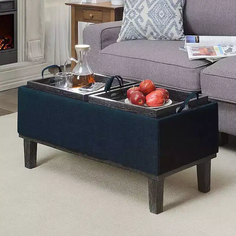 Brentwood Storage Ottoman with Flip-to-Tray Top Linen Upholstered