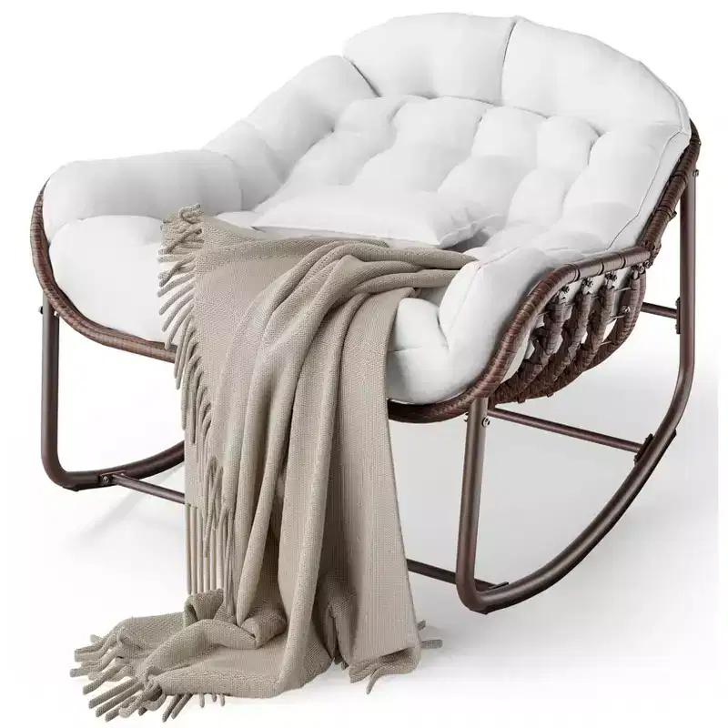 Outdoor Papasan Rocking Chair with Cushion, Wicker and Metal Frame Lounge Rocker for Patio, Porch, or Living Room, 350lb Capacity