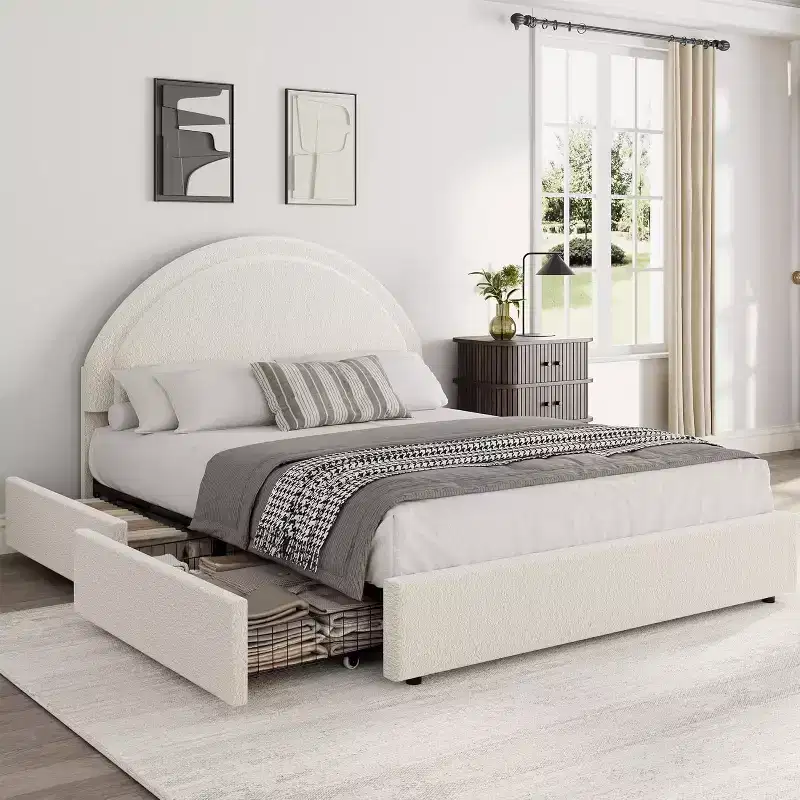 COZONY Twin/Full Upholstered Boucle Bed Frame with Storage Drawers, Round Headboard, Heavy Duty, No Box Spring Needed