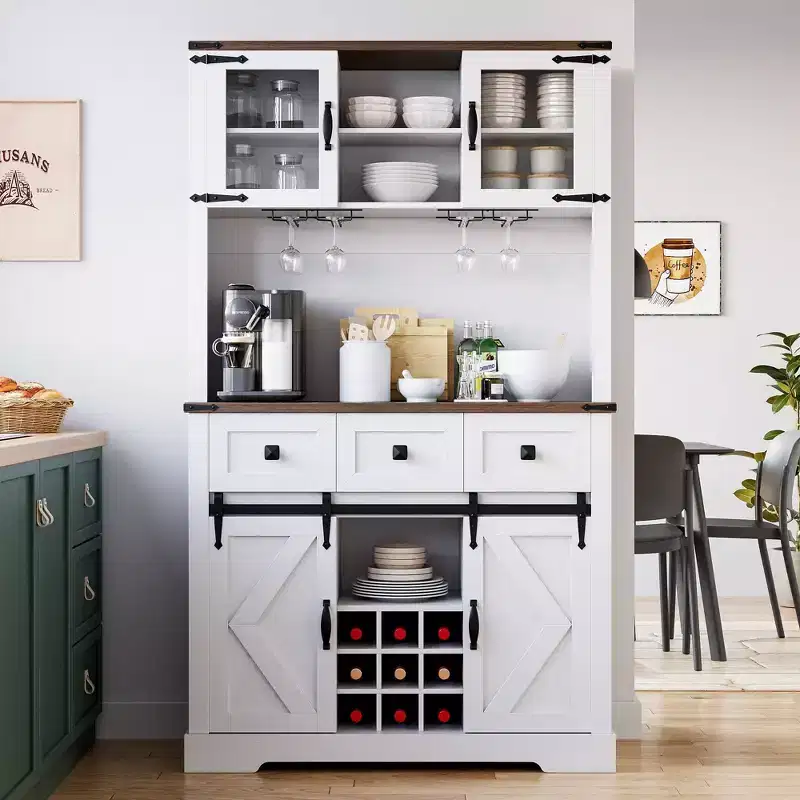 Farmhouse Coffee Bar Cabinet, 72 Tall Kitchen Hutch with 2 Sliding Barn Doors, 3 Drawers, Wine & Glass Rack, Pantry Storage Cabinets for Dining Room