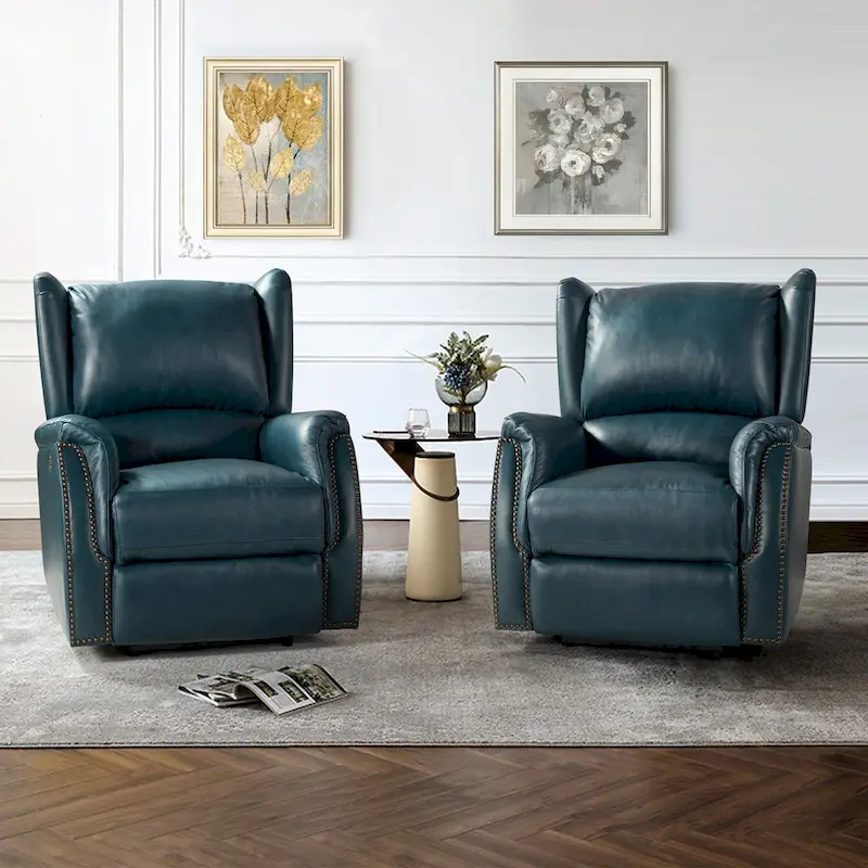 Genuine Leather Power Recliner with USB Port – Wingback Nailhead Set of 2