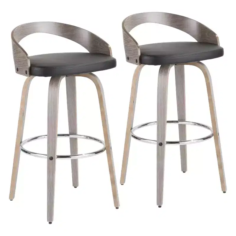LumiSource Set of 2 29.5" Grotto Mid-Century Modern Barstools Light Gray/Black: Swivel, Wood Legs, Upholstered