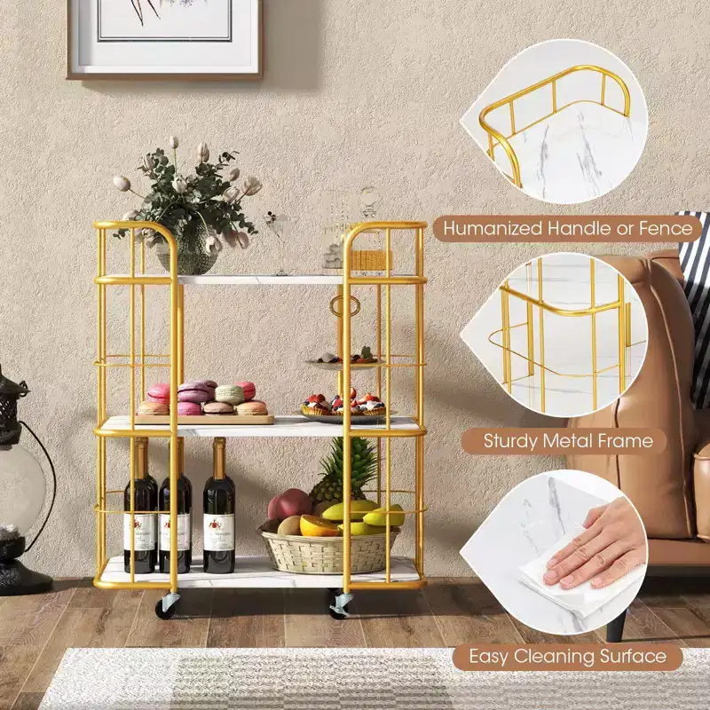 Costway 3-Tier Kitchen Storage Utility Cart Gold Rolling Bar Serving w/Lockable Casters