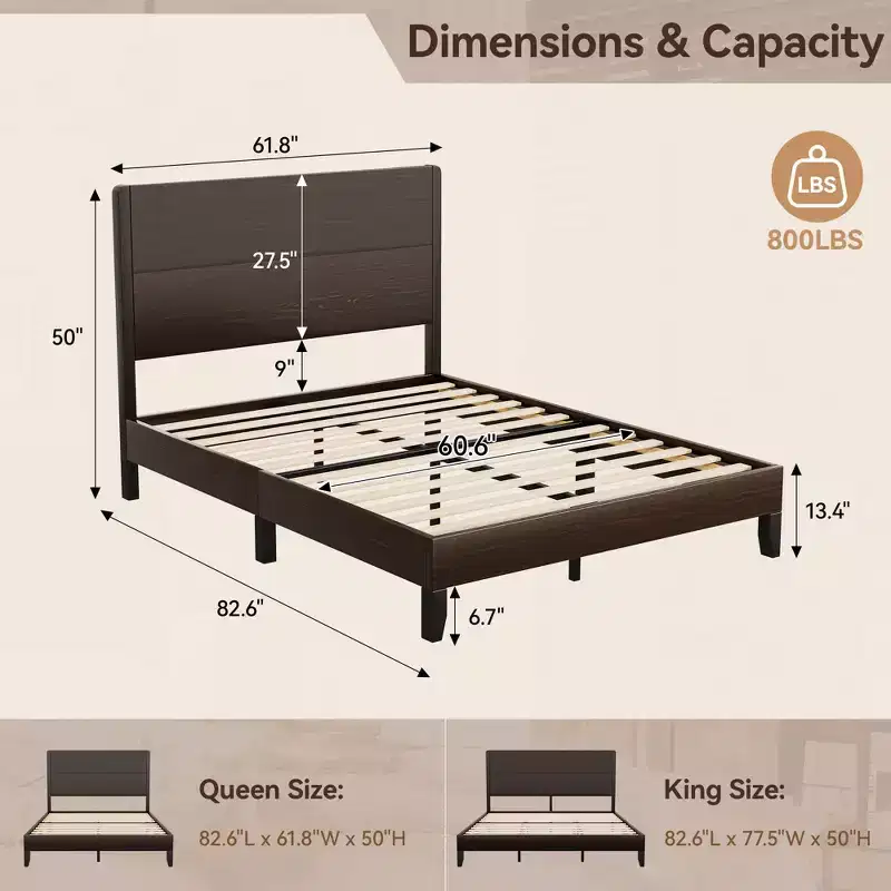 Dyonery Wood Queen Bed Frame, Platform Bed with Tall Headboard, Solid Wood Slat Support, Noise-Free Mattress Foundation, No Box Spring Needed