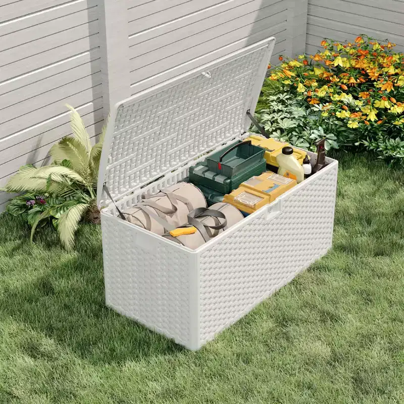 99 Gallon HDPE Outdoor Storage Deck Box with Straps, Waterproof Garden Tools Storage Bin for Patio, Lawn, Pool & Garage