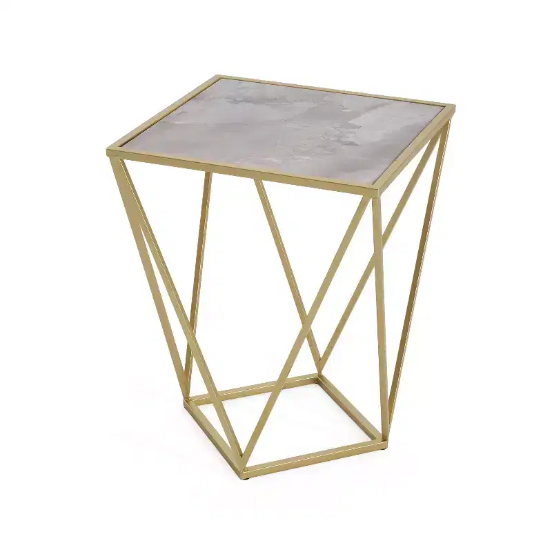 Homy Casa Geometric Iron Frame End Table with Faux Marble Top, Gold