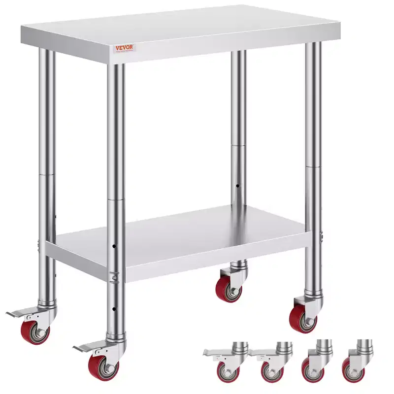 VEVOR Stainless Steel Work Table 30 x 18 x 34 Inch, 700 LBS Load Capacity with 4 Wheels, 3 Adjustable Height Levels, Silver