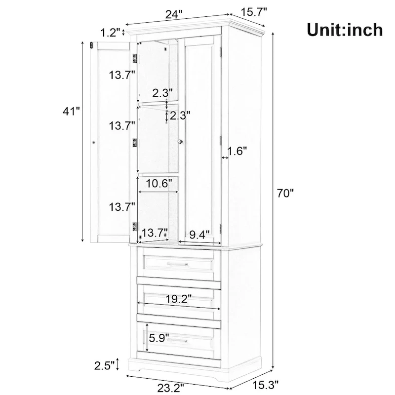 24 x 15.7 x 70 Freestanding Bathroom Cabinet with 3 Drawers