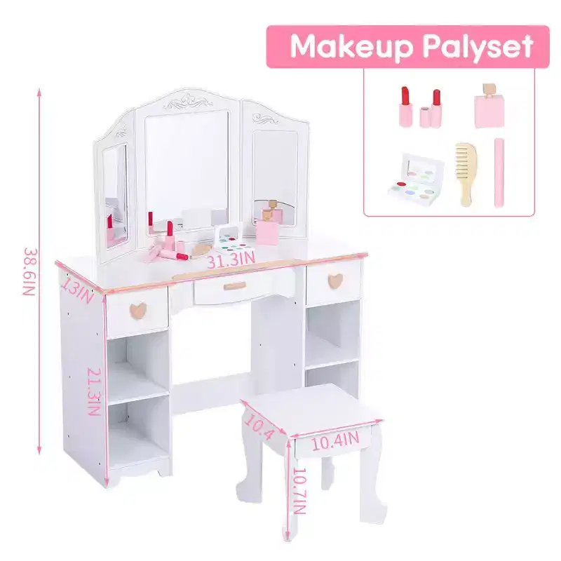 Kids Vanity Set with Mirror and Drawer - Girls' Vanity Table and Chair Set with Wood Makeup Playset, Perfect for 3-9 Yr, White