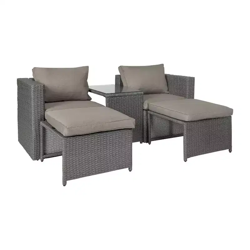 Merrick Lane Woven Rattan Modular Sofa Set for Indoor/Outdoor Use with Loveseat, Ottomans, and Tempered Glass Table