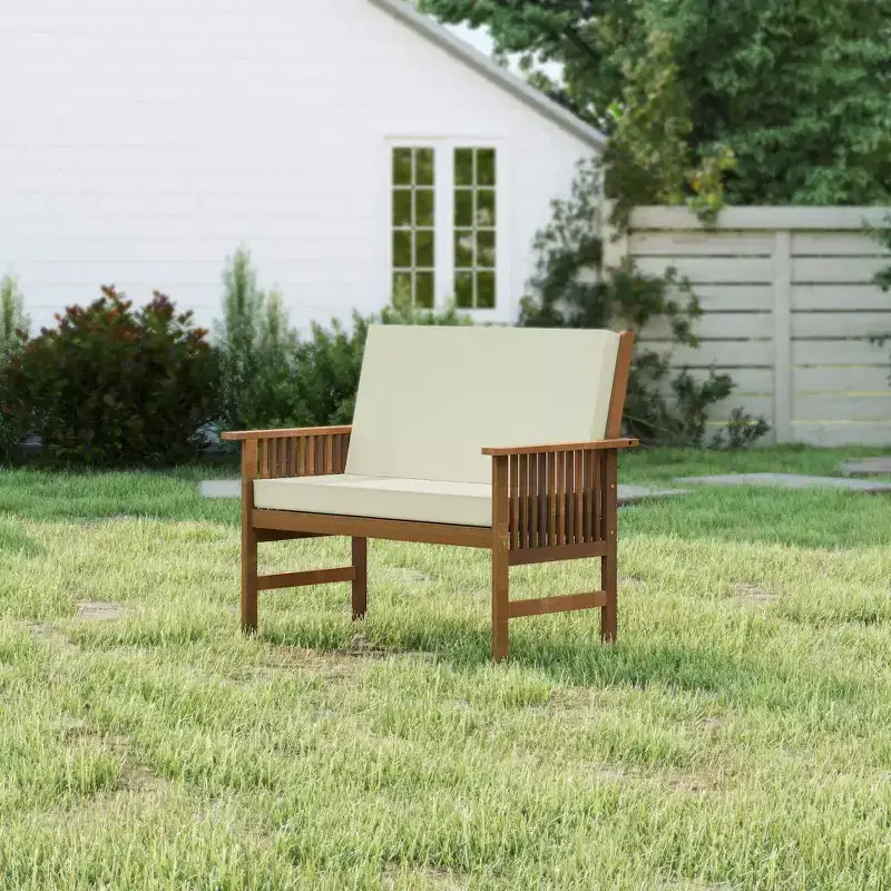 HOMLUX Patio Solid Wood Garden Bench 2-Seat Chair with Seat Cushion & Inclined Backrest