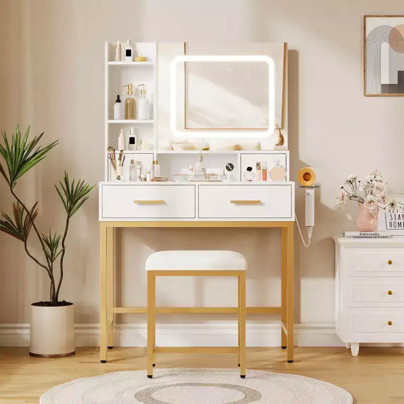 Makeup Vanity Desk with Mirror and Lights, 4 Drawers, 2 Shelves, Built-in Charging Station, Vanity Table with Stool, 3 Lighting Modes