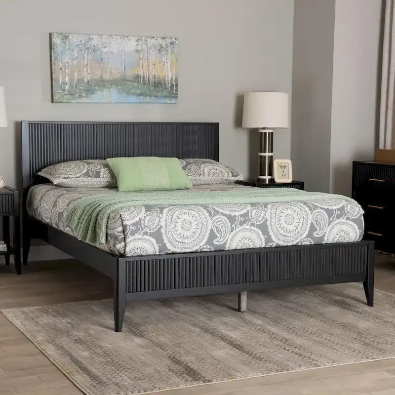 Mid-Century Fluted Wood Platform Bed, No Box Spring Needed, Solid Frame, Bedroom Furniture