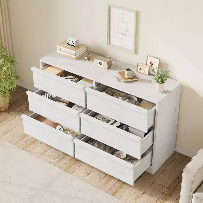 CuisinSmart 6 Drawer Dresser for Bedroom, Natural Double Dresser Organizer with Concave Handles, Modern Chest of Drawers, White
