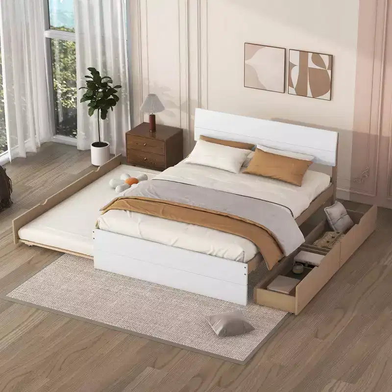 Whisen Modern Twin Bed Frame For White High Gloss Headboard and Footboard with Trundle or Drawers, Space-Saving Design