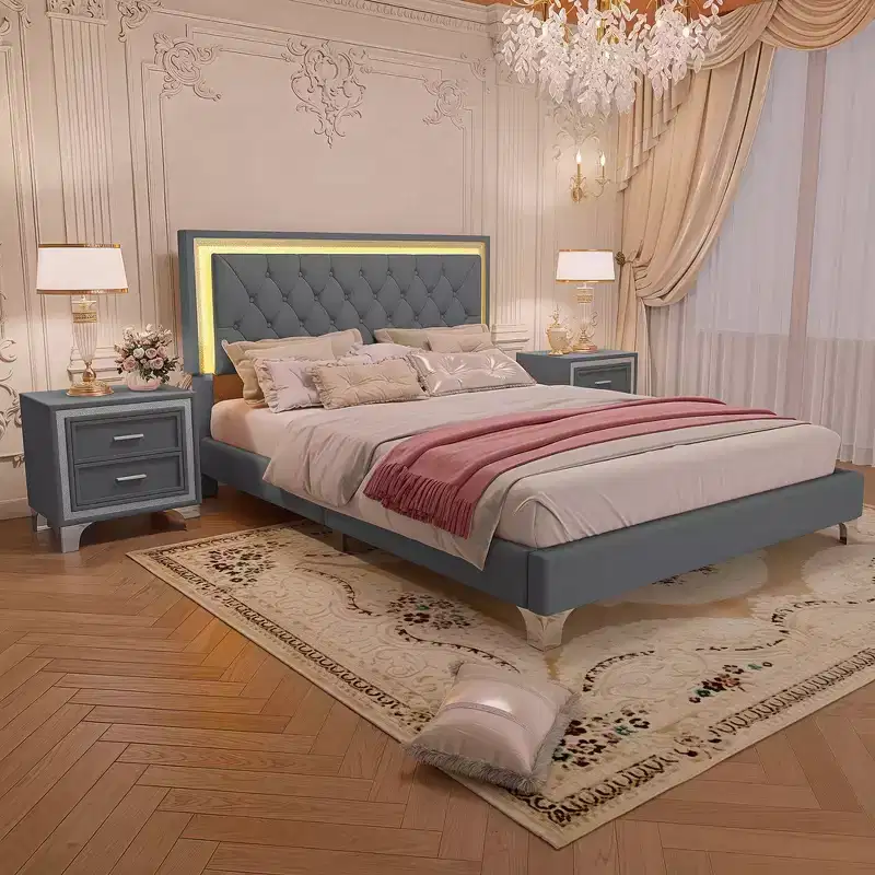 Whisen 3-Pieces Sets, Queen Size Upholstered Platform Bed and Two Nightstands